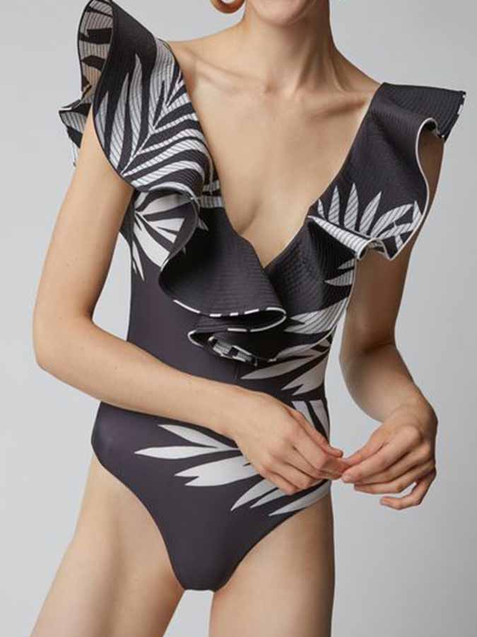Deep V Print Ruffle One-Piece Swimsuit
