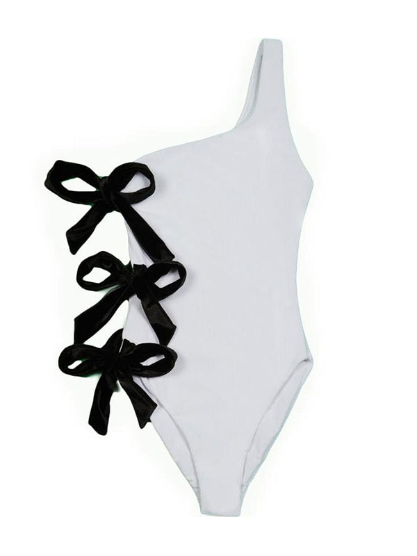 One-Shoulder Solid Bowknot One-Piece  Swimsuit