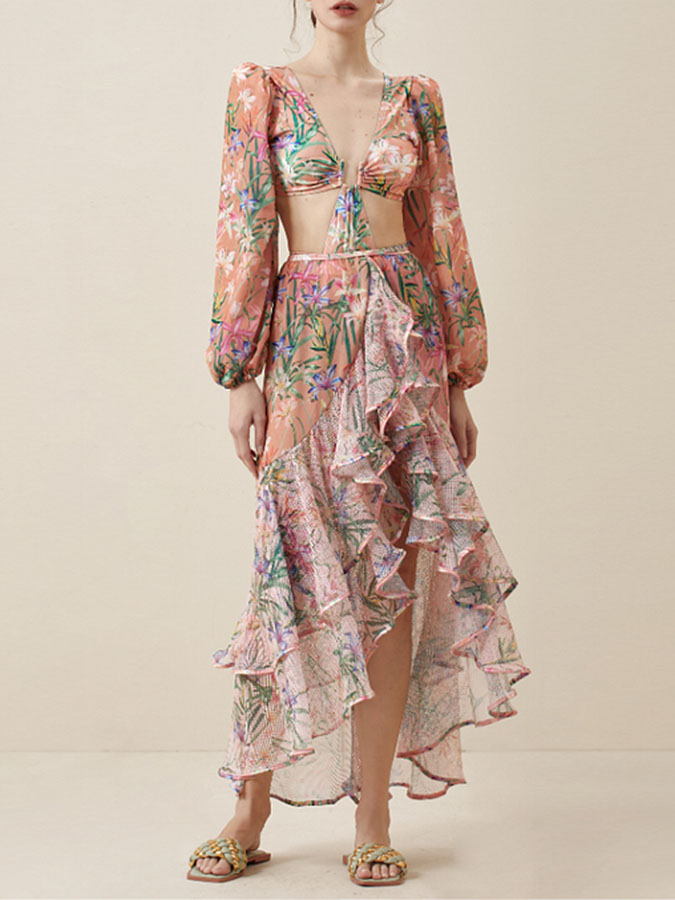 Floral Print One Piece Swimsuit and Mesh Splicing Sarong