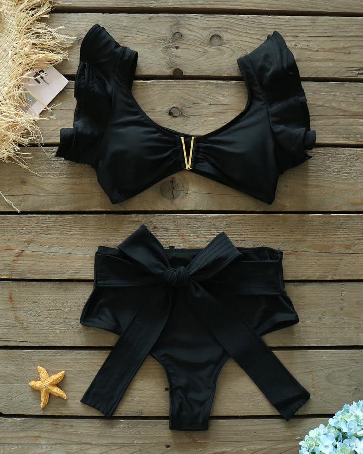 Ruffles Solid High Waist Bikini Set