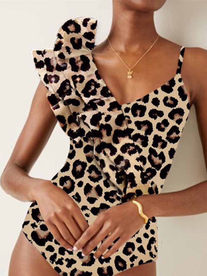 Sleek Leopard Print Ruffle One-Piece Swimsuit