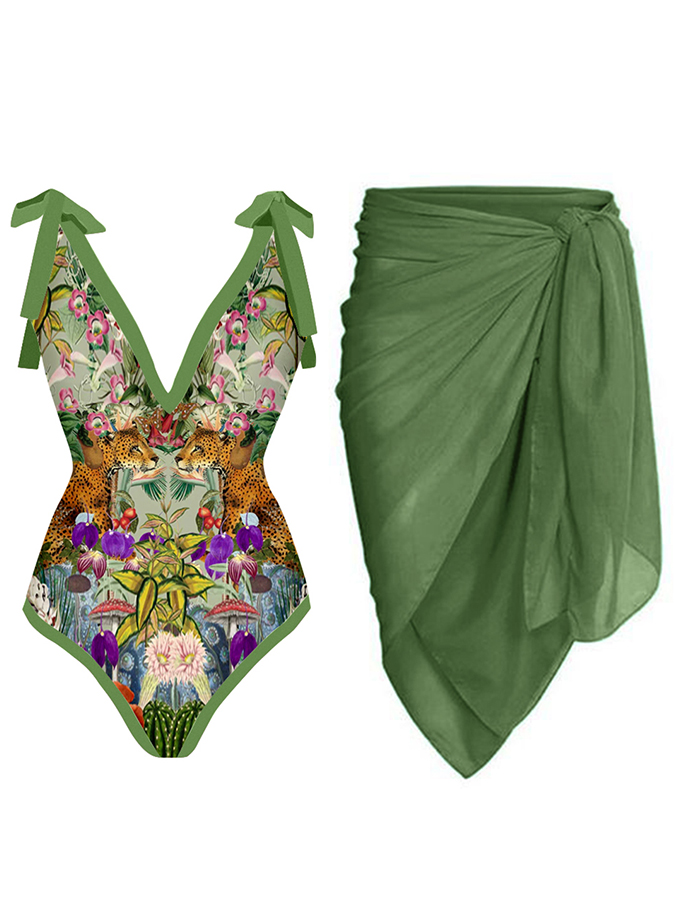 Vintage Deep V Print One Piece Swimsuit Set