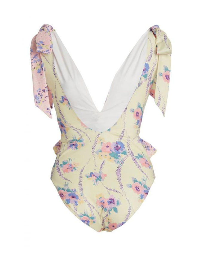 Printed Lace-Up One Piece Panel Swimsuit