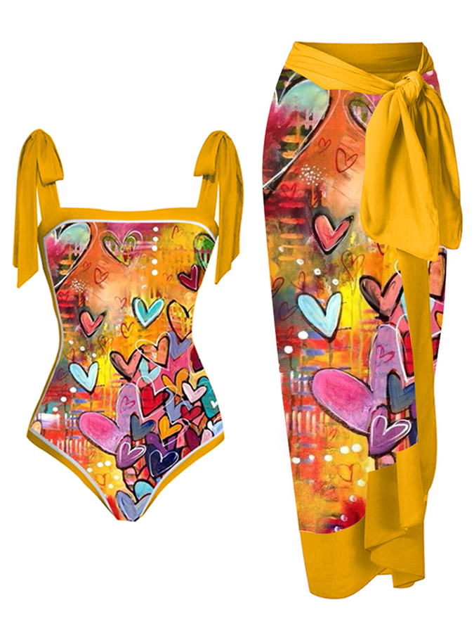 Fashion Colorblock Heart Print One Piece Swimsuit Set