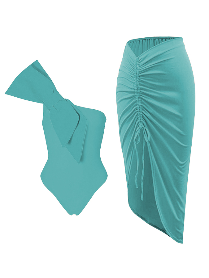 Bow-Tie Decor One Piece Swimsuit And Skirt