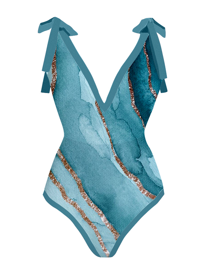 Vintage Fashion Colorblock Print One Piece Swimsuit and Cover-up