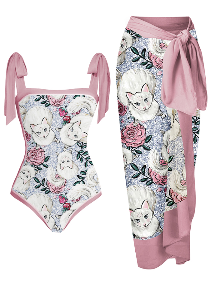 Cat Fashion Print Tie One Piece Swimsuit