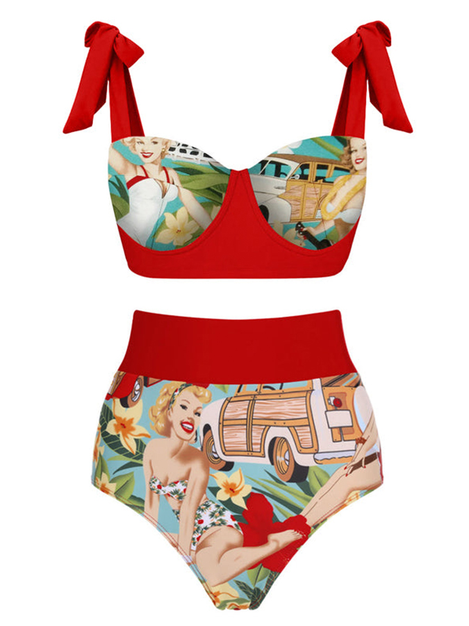 Fashion Colorblock Print Swimsuit Set