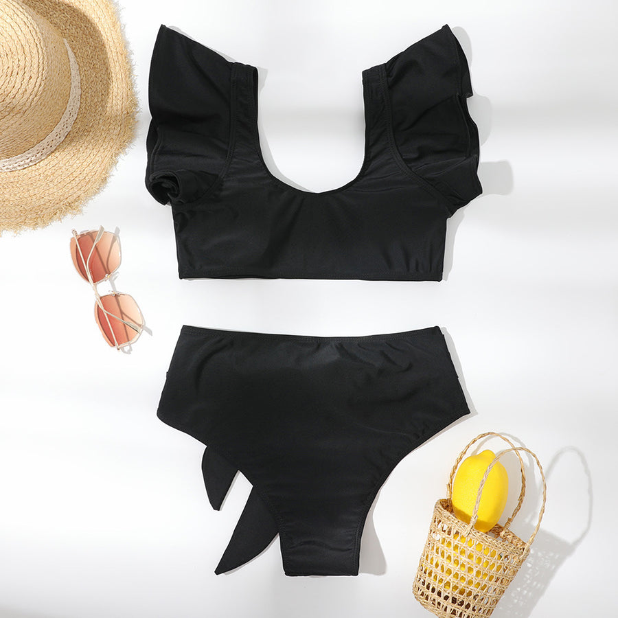 High Waist Split Solid Color Ruffle Swimsuit