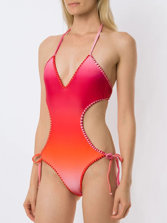 Fashion Colorblock Gradient Print Fringe One Piece Swimsuit Set