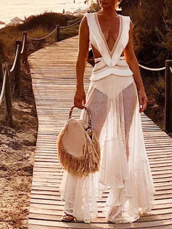 V Neck Tassel Cut Out One Piece Swimsuit