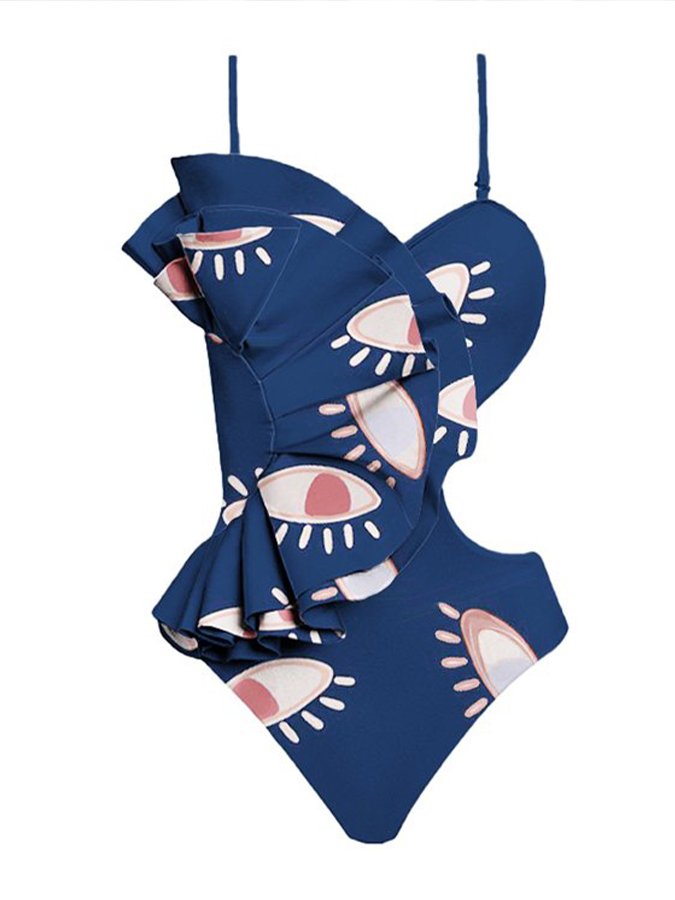 Fashion Eye Print Ruffle Beach Swimsuit