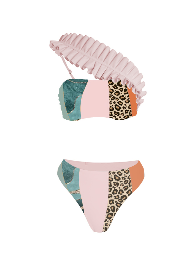 Color Block Leopard Print One-Piece Swimsuit And Cover Up