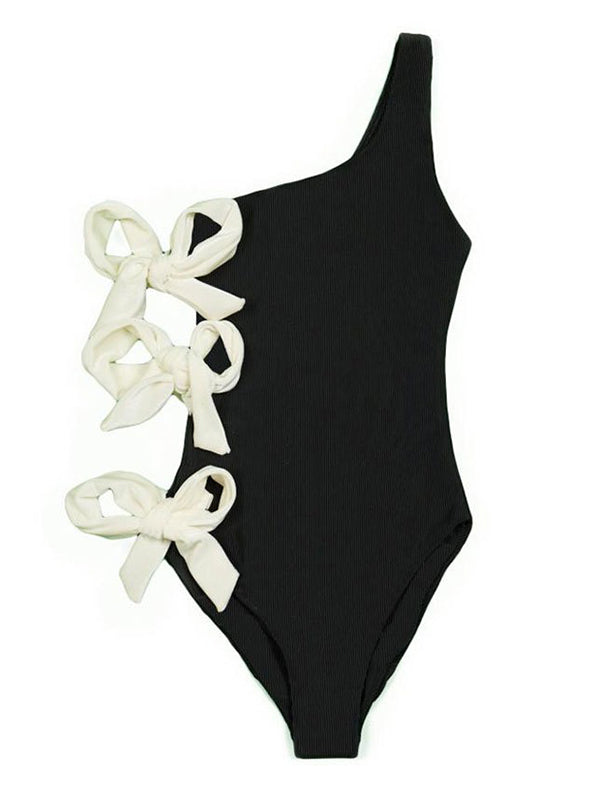 One-Shoulder Solid Bowknot One-Piece  Swimsuit