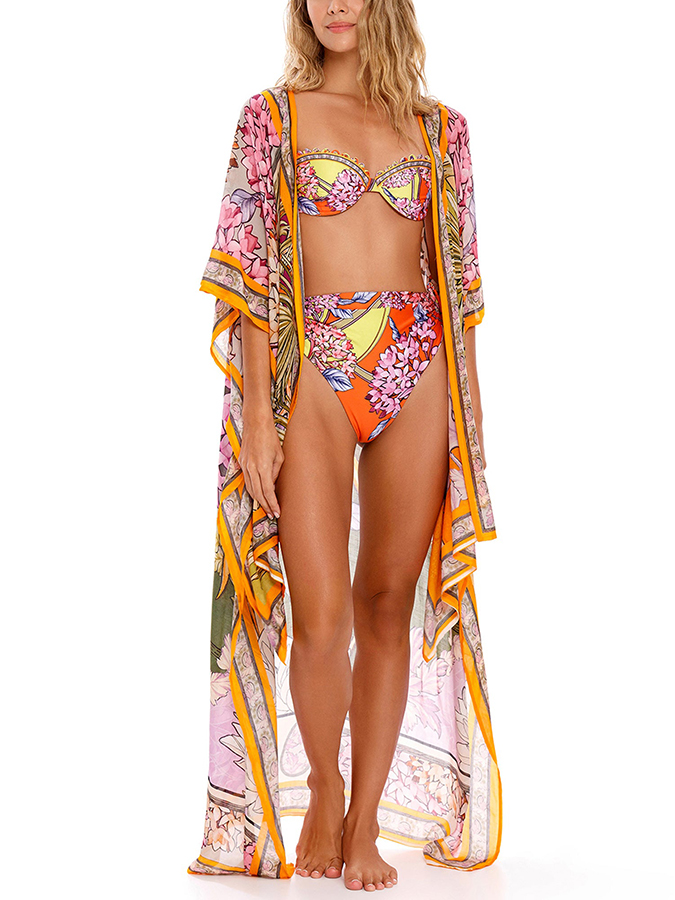 Colorblock Floral Print Beach Bikini and Cover-up