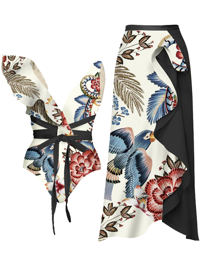 Vintage V Neck Ruffle Floral Print Swimsuit and Skirt