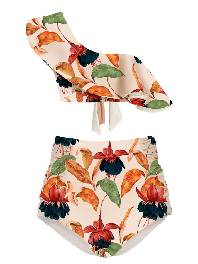 One-Shoulder Ruffled Floral-Print Bikini Set
