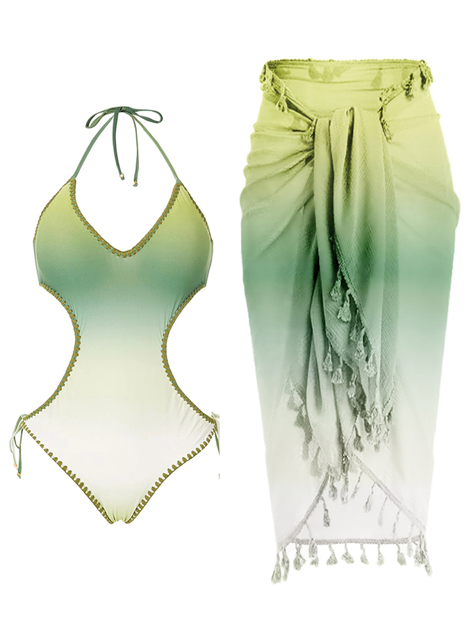 Fashion Colorblock Gradient Print Fringe One Piece Swimsuit Set