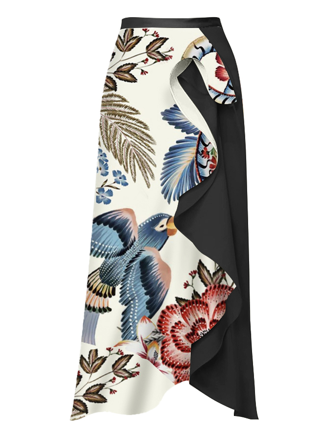 Vintage V Neck Ruffle Floral Print Swimsuit and Skirt