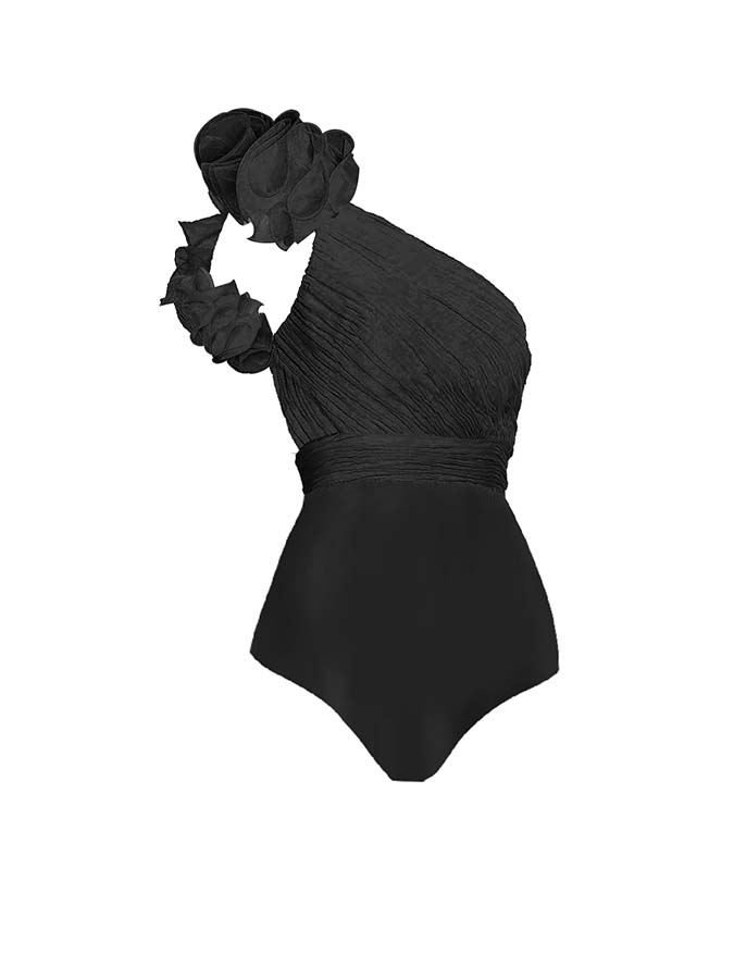 Solid Color One-Shoulder Wood Ear Trim One-Piece Swimsuit