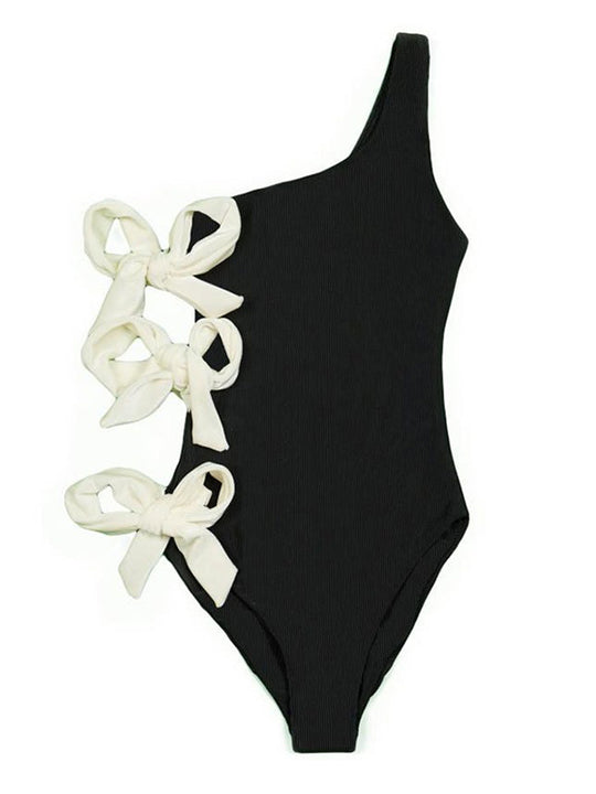 One-Shoulder Solid Bowknot One-Piece  Swimsuit