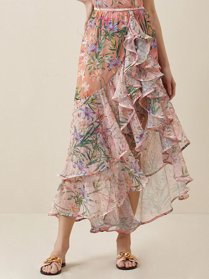 Floral Print One Piece Swimsuit and Mesh Splicing Sarong