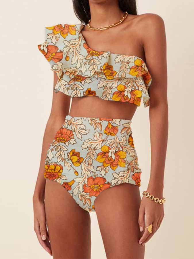 Fashion One Shoulder Ruffle Print Bikini