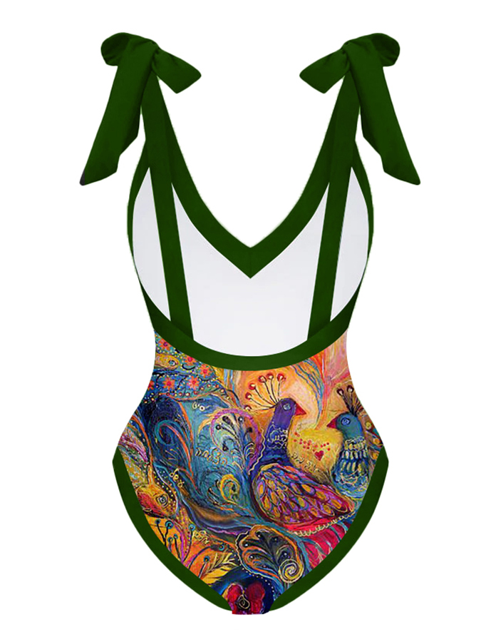 Deep V Vintage Abstract Print One-Piece Swimsuit Set