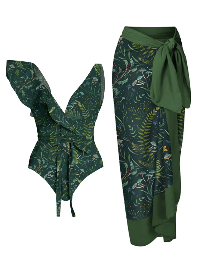 Wonderland Forest Printed Ruffle V-Neck Belt Backless One Piece And Cover up