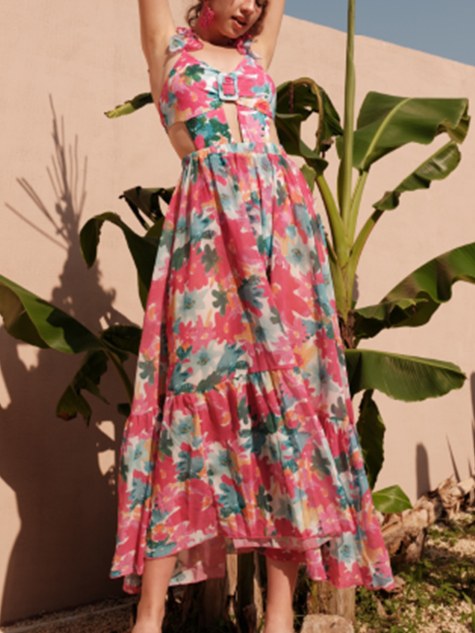 Lace Cutout Rose Red Floral One Piece Swimsuit And Skirt