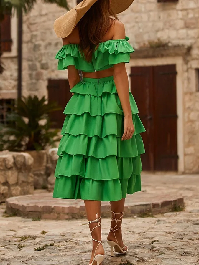 Off Shoulder Ruffle Solid Color Bikini and Beach Skirt