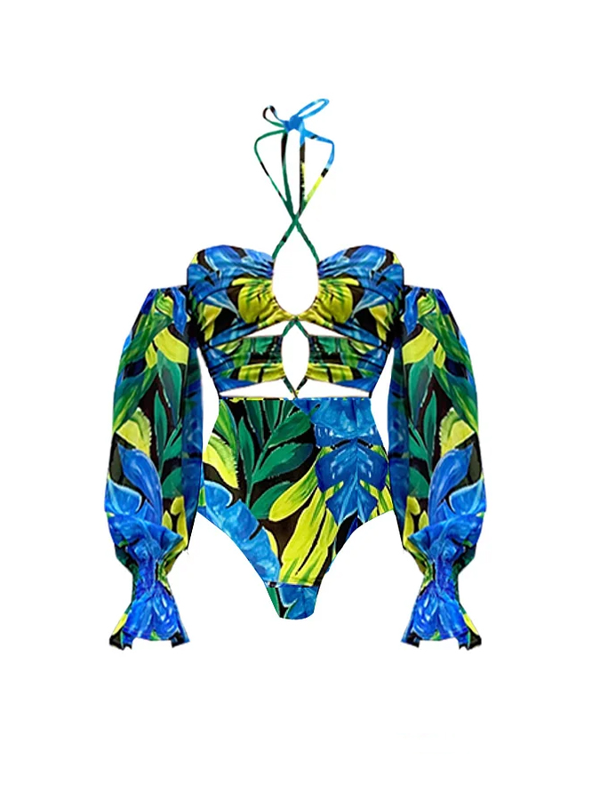Halter Lace Up Printed One Piece Swimsuit And Beach Skirt