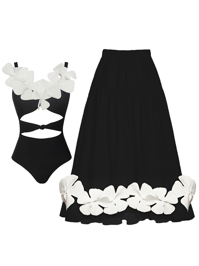 Fashion Colorblock Flower Design One Piece Swimsuit