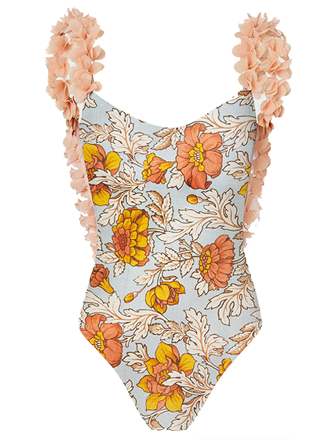Fashion Floral Print One-Piece Swimsuit Set