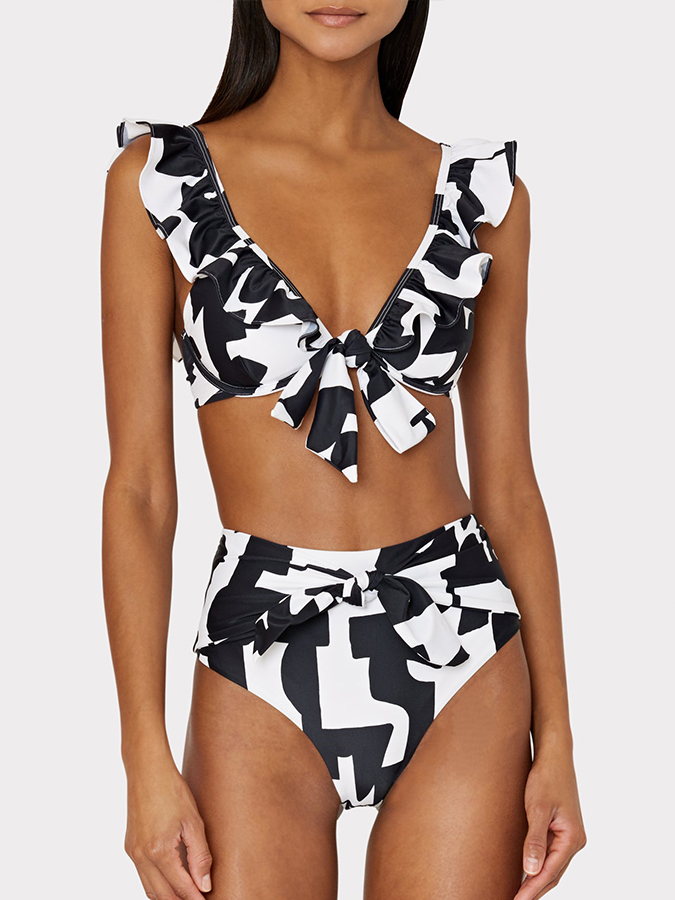 Black Irregular Print Lace-Up One-Piece Swimsuit
