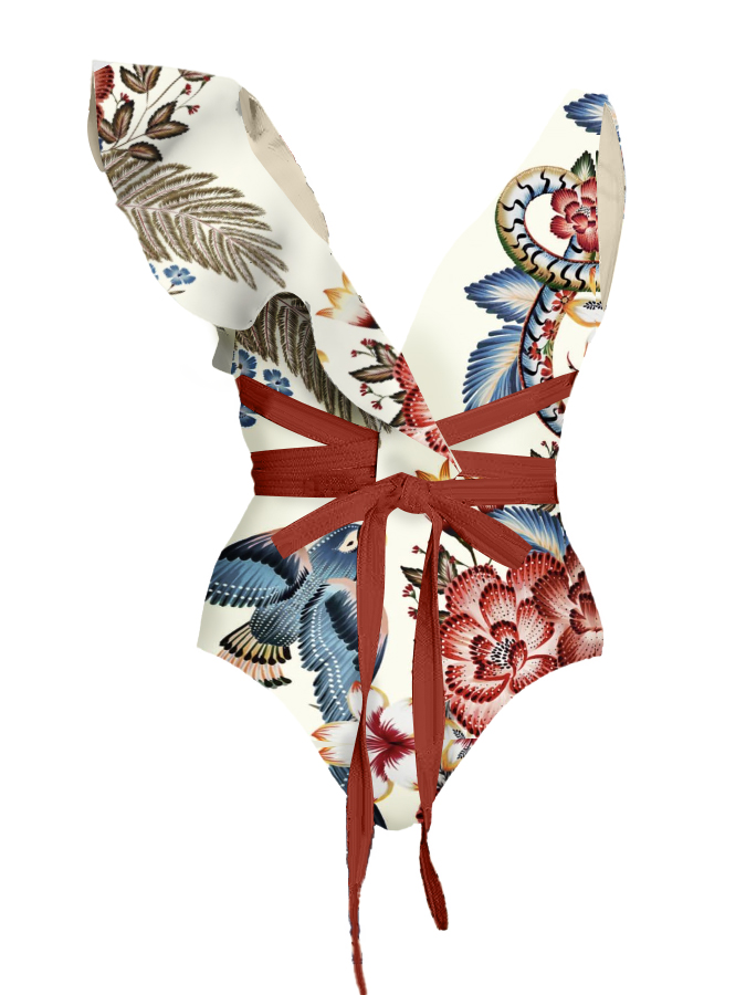 Vintage V Neck Ruffle Floral Print Swimsuit and Skirt