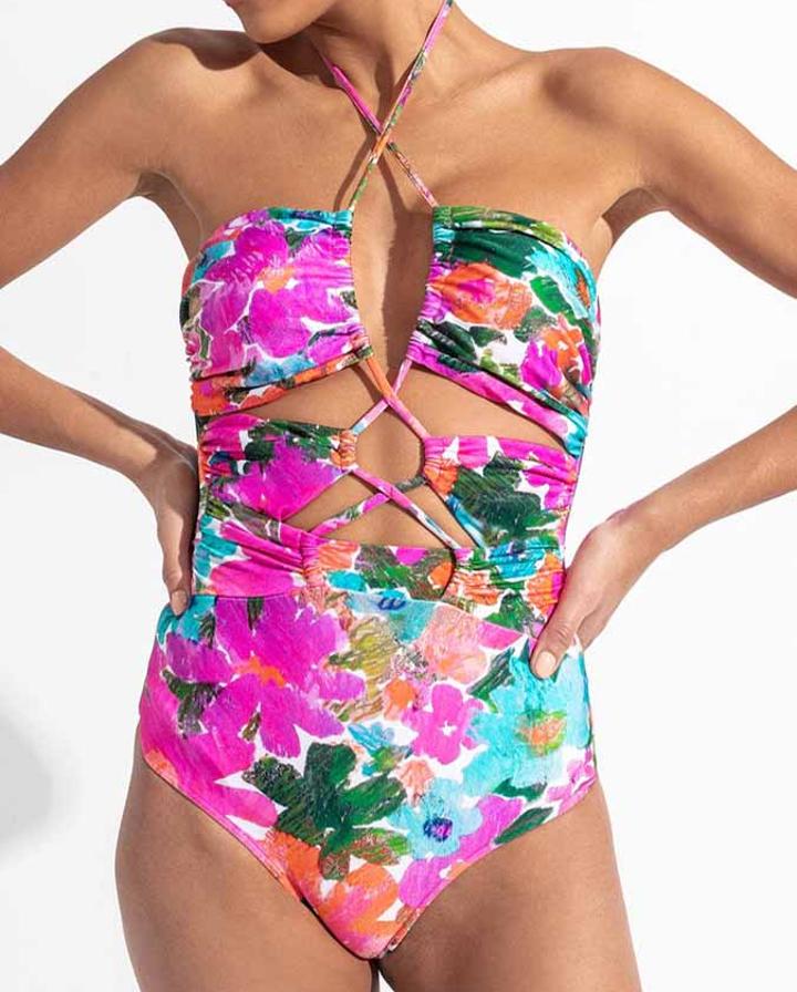 Halter Straps Cutout Floral Doodle One-Piece Swimsuit and Skirt
