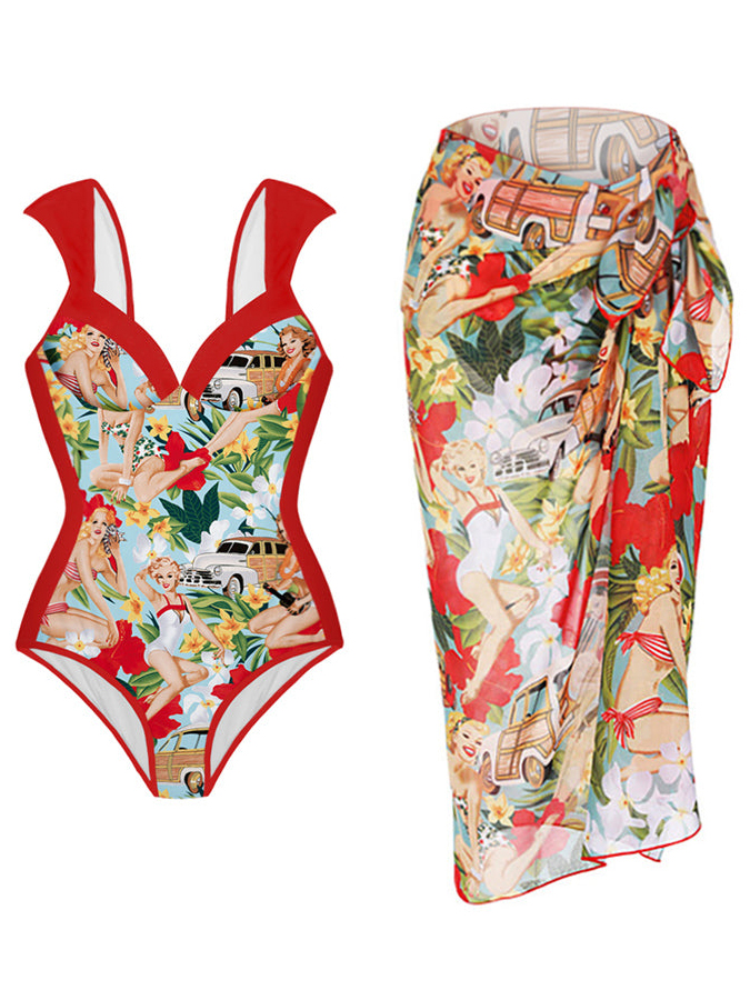 Fashion Colorblock Print Swimsuit Set