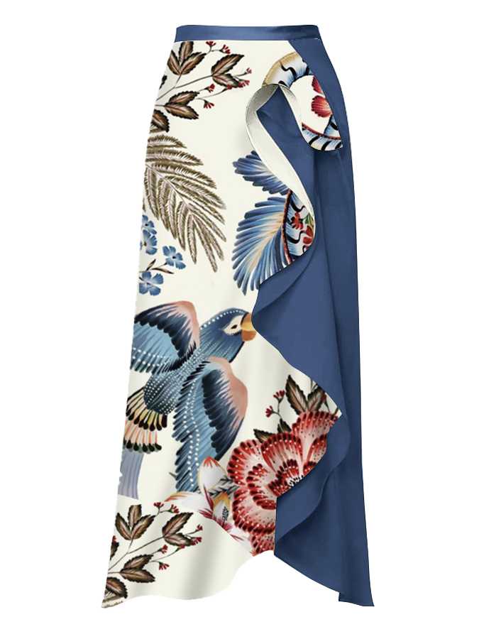 Vintage V Neck Ruffle Floral Print Swimsuit and Skirt