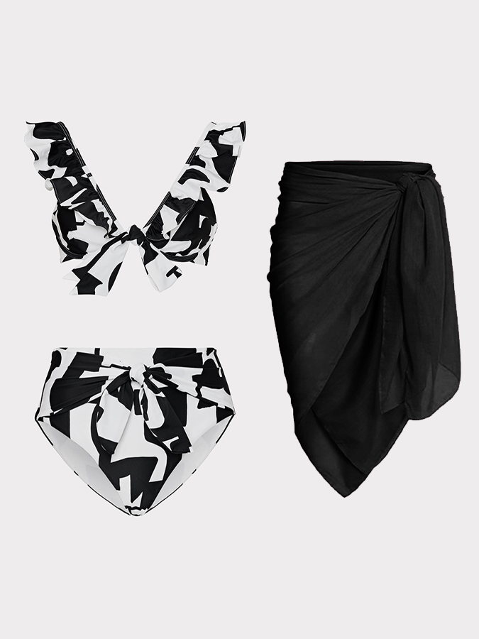 Black Irregular Print Lace-Up One-Piece Swimsuit