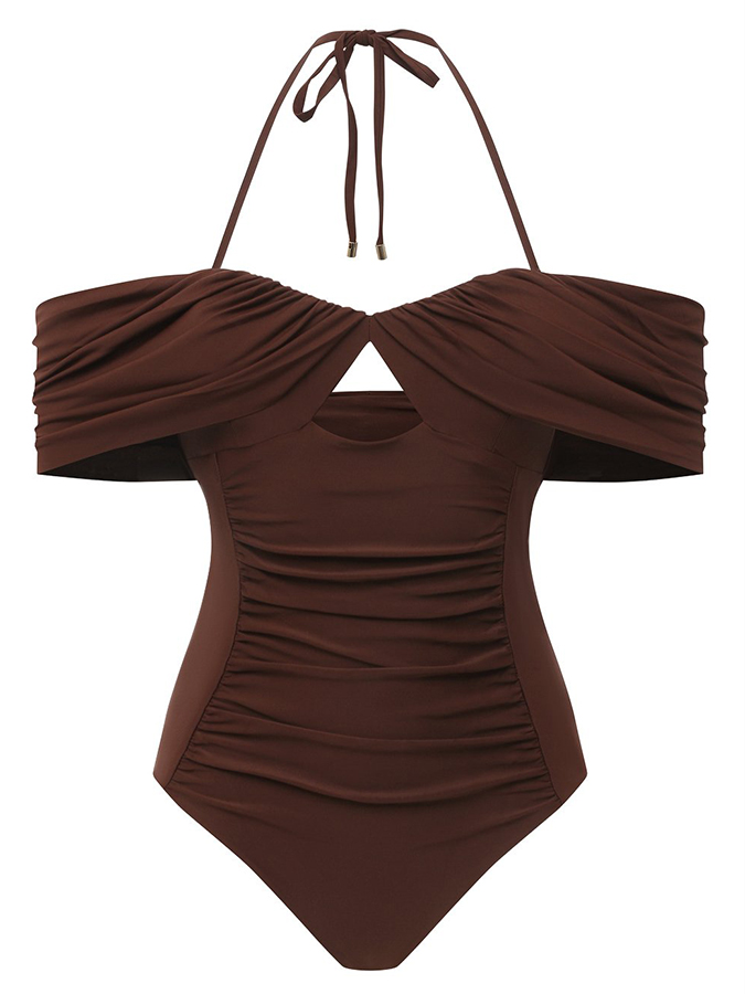 Solid Drop Shoulder Cutout One-Piece Swimsuit
