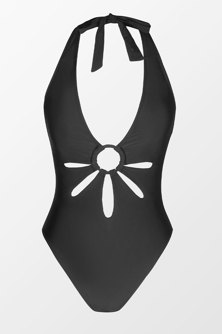 Omniscient Solid Cutout Halter Plunge One Piece Swimsuit