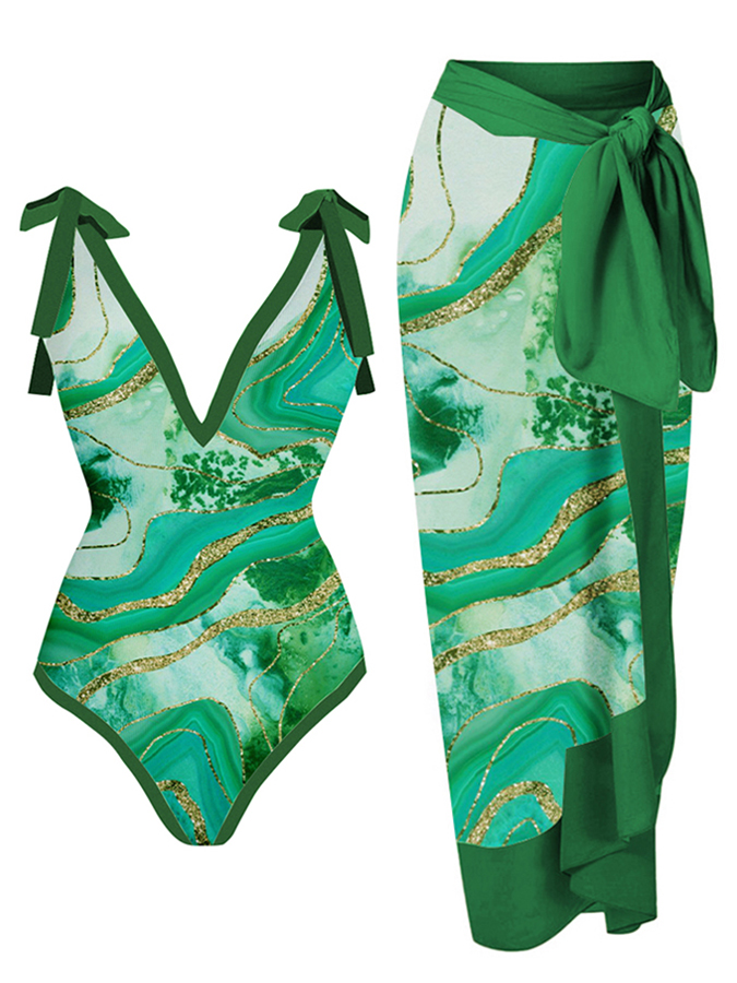 Vintage Print Colorblock Beach One-Piece Swimsuit
