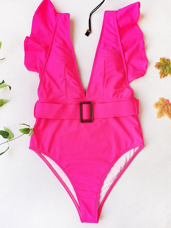 SOLID COLOR DEEP V-NECK FALBALA SEXY SWIMWEAR