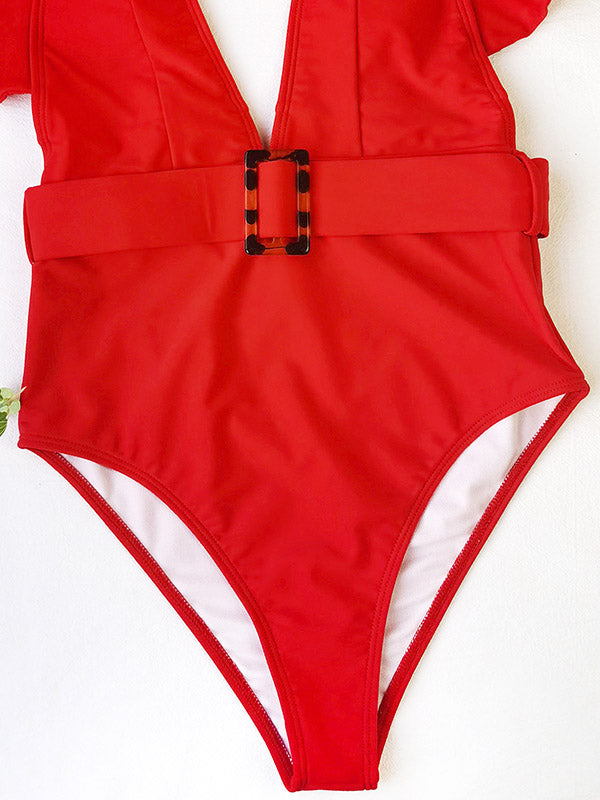 SOLID COLOR DEEP V-NECK FALBALA SEXY SWIMWEAR