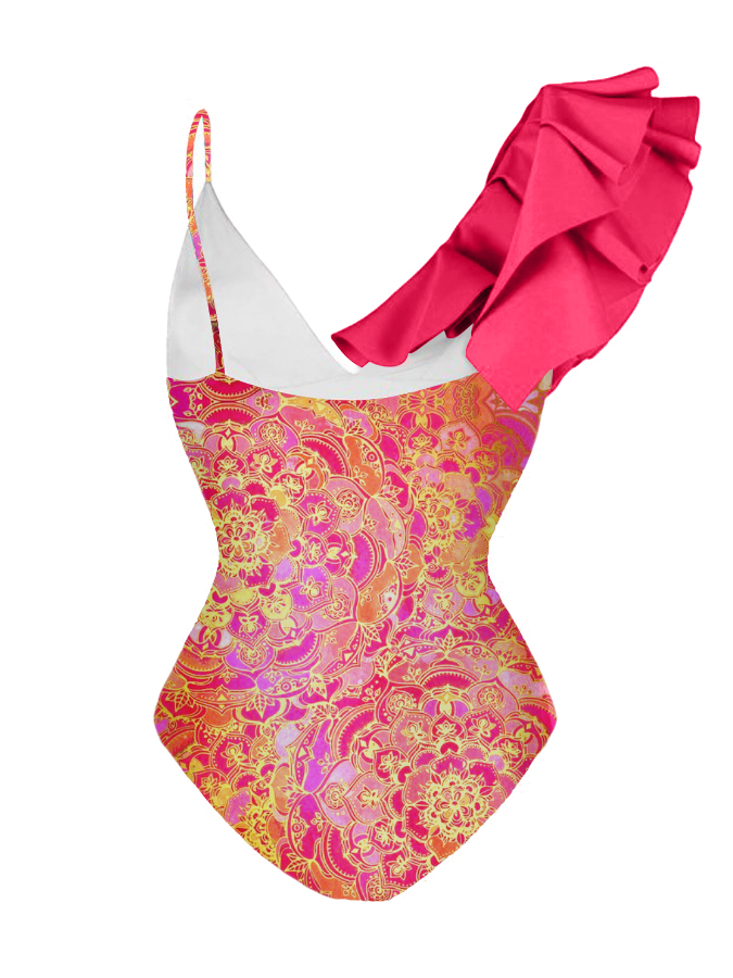 Vintage Print Ruffled V-neck One-piece Swimsuit and Cover-up