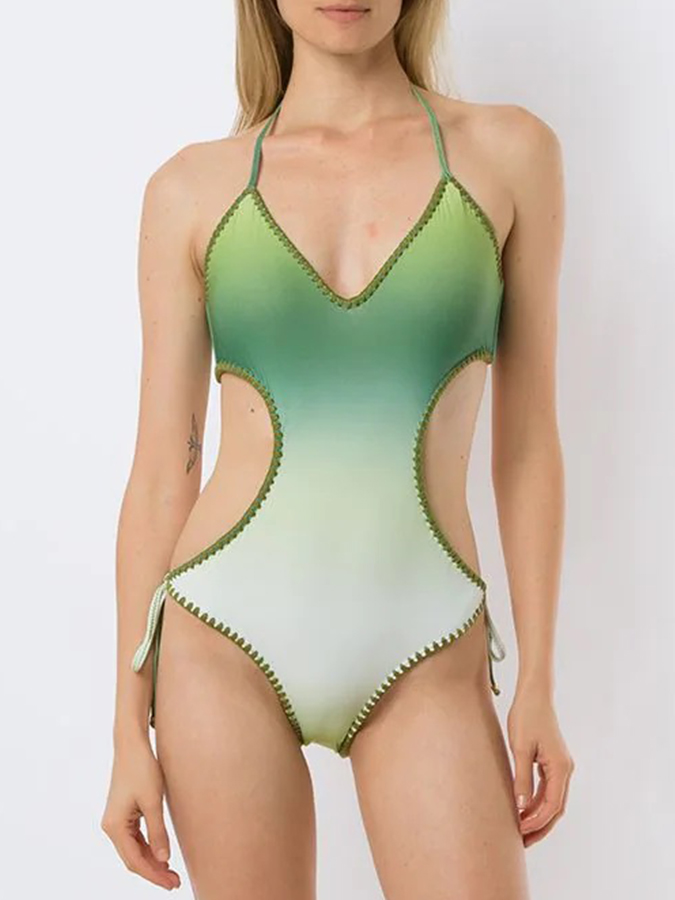 Fashion Colorblock Gradient Print Fringe One Piece Swimsuit Set