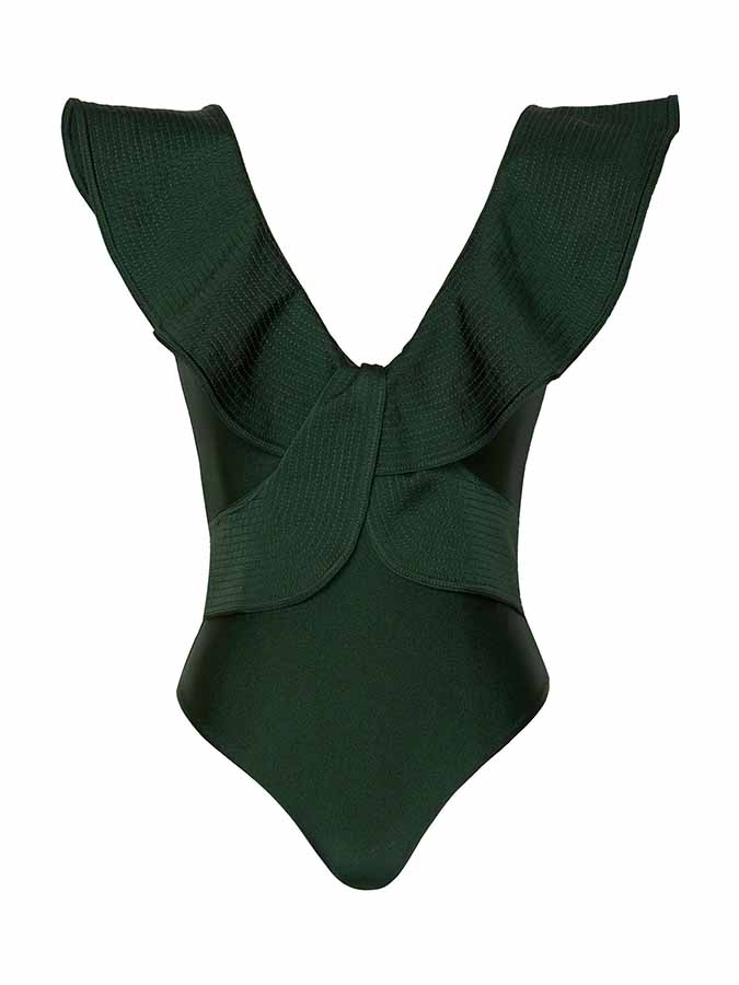 V-Neck Solid Ruffle One-Piece Swimsuit