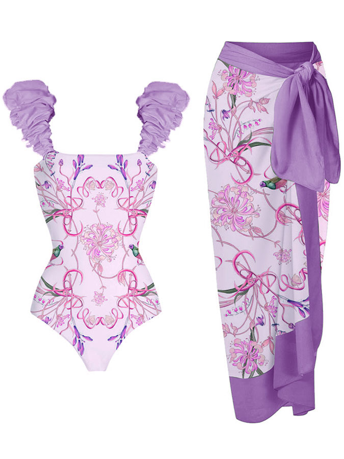 Fashion Floral Colorblock Print One-Piece Swimsuit Set