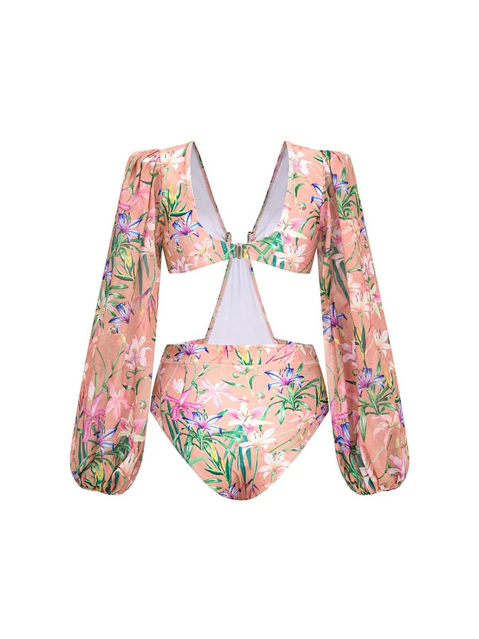 Floral Print One Piece Swimsuit and Mesh Splicing Sarong